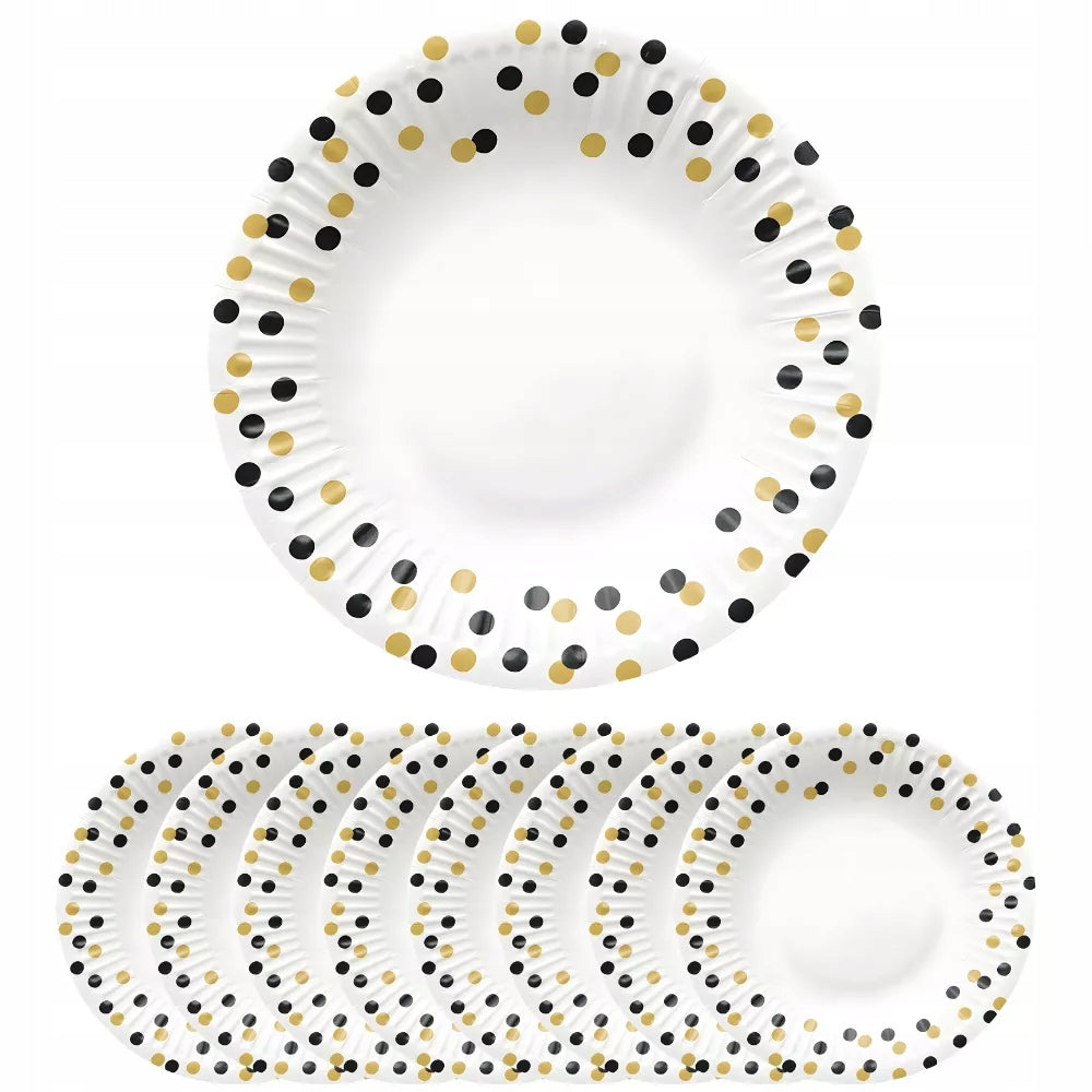 Talerzyki papierowe białe złoto-czarne konfetti 18cm 8szt