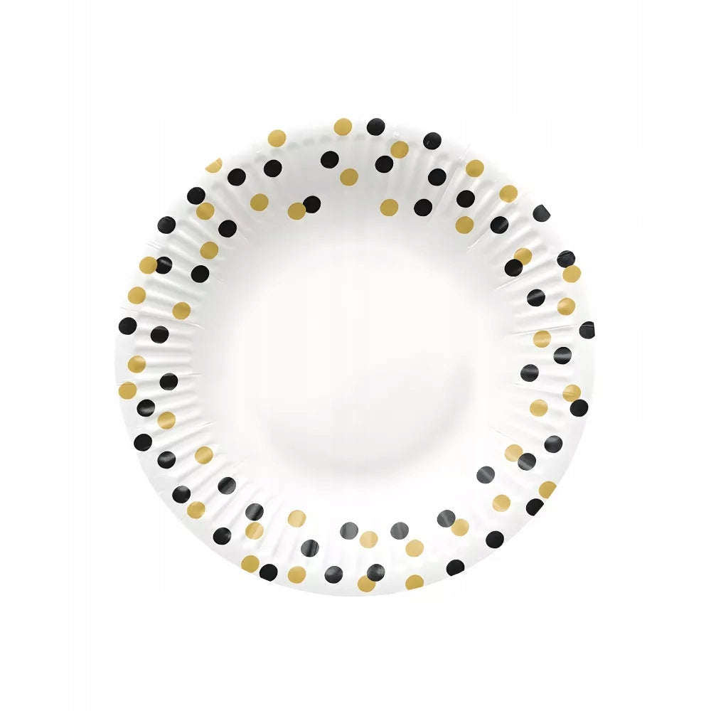 Talerzyki papierowe białe złoto-czarne konfetti 18cm 8szt