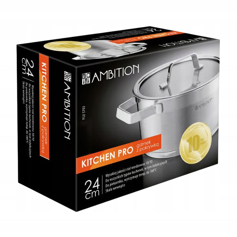 Garnek z pokrywką 24cm AMBITION Kitchen Pro 5,9L Indukcja Gaz Stalowy dj.