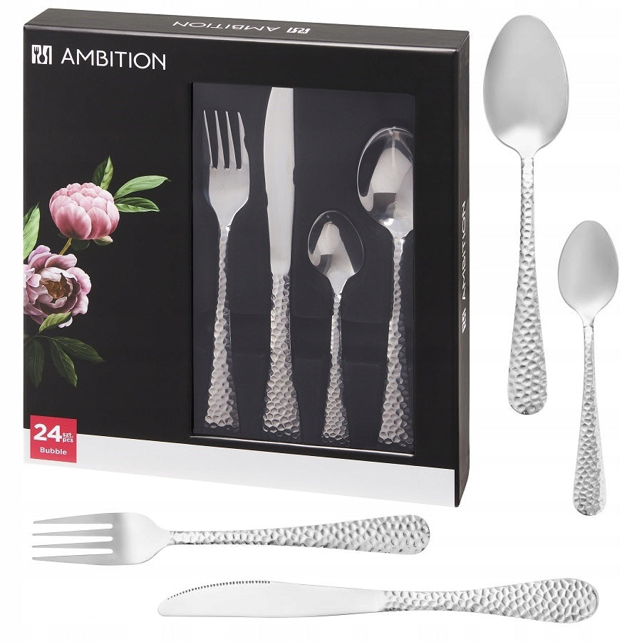 AMBITION 24 x SZTUĆCE NIERDZEWNE BUBBLE ZDOBIONE OBIADOWE ZESTAW NA 6 OSÓB
